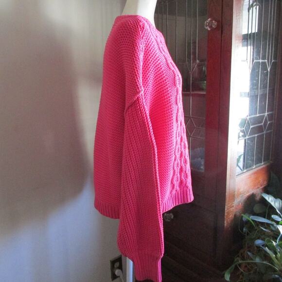 Free People Fuchsia Cozy Cable Knit Sweater S Chunky Cotton Blend Boho Knitwear - Picture 4 of 17